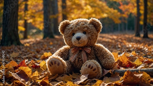  Childhood Memories: A cute teddy bear lost in the warm autumn woods.