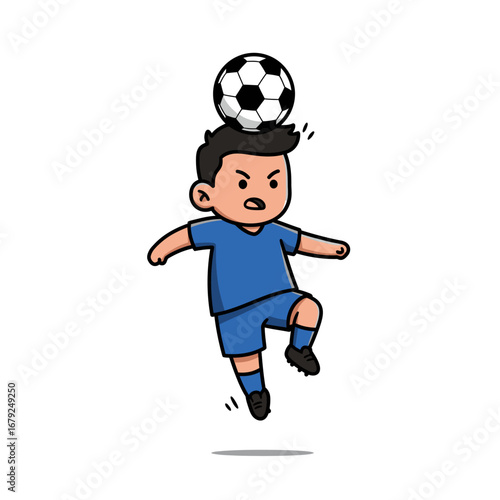 A determined cartoon boy in a blue uniform skillfully balances a soccer ball on his head.