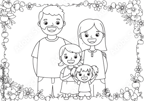 Delightful monochrome illustration of a happy family portrait wi