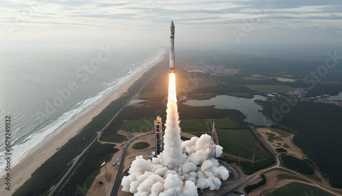 Shuttle launch with smoke, flames, and towers.