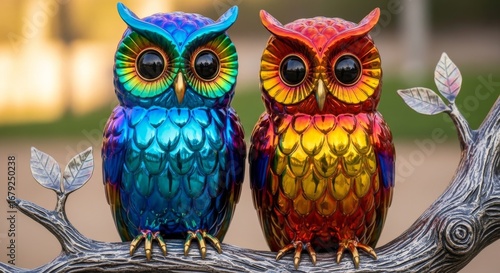 Two vibrant, iridescent owls perched on a decorative branch, captivating with their colorful metallic sheen.