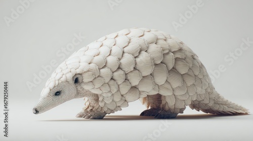 White pangolin sculpture; textured scales covering the body