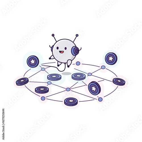 A cheerful cartoon robot hovers above a network of digital currency tokens, smiling.