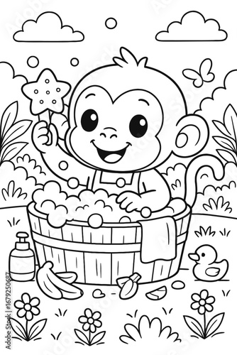 Cute monkey taking a bubble bath with a rubber duck and star toy vector art