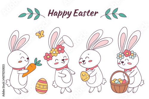 Easter bunny with colorful eggs cartoon illustration