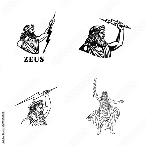 Greek God Zeus with Lightning Bolt Vector Illustrations Set