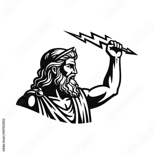 Black and White Illustration of Zeus, Greek God of Sky and Thunder, Holding a Lightning Bolt