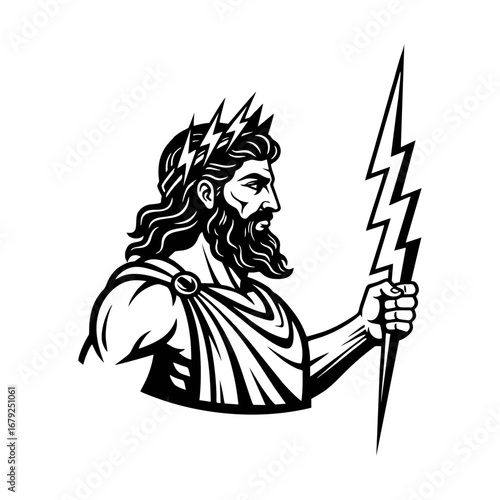 Powerful Greek God Zeus with Lightning Bolt Vector Illustration in Profile