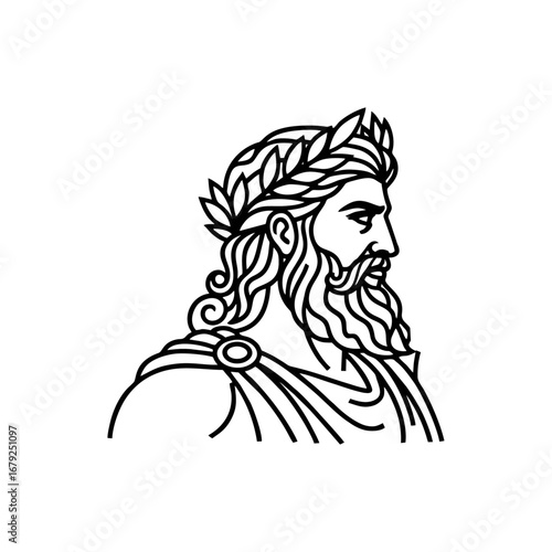 Greek God Zeus or Roman Emperor in Profile Line Art Illustration