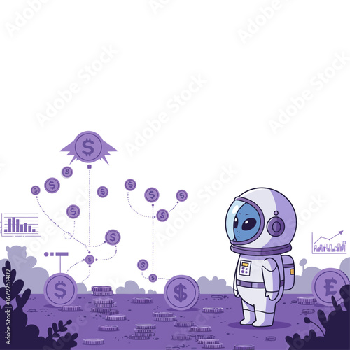 A stylized astronaut alien observes a branching financial growth chart with dollar coins and currency symbols on a purple, abstract landscape.