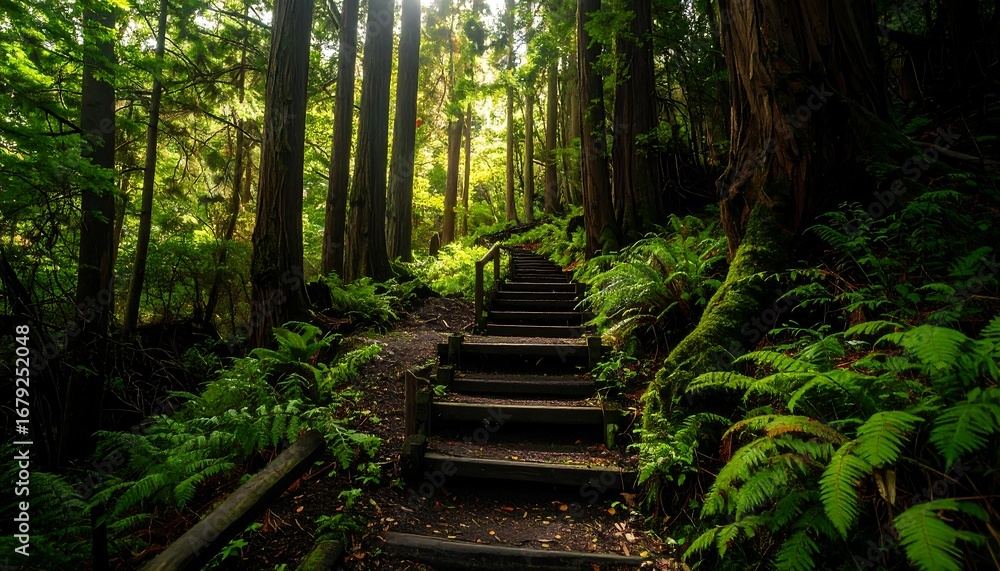 Obraz premium Lush forest path with wooden stairs (1)