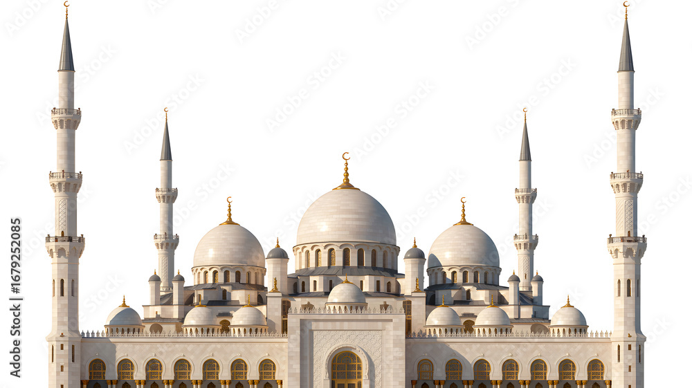 Obraz premium Majestic mosque architecture with tall minarets and domes white background