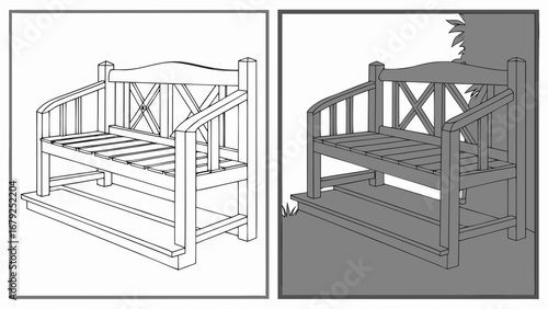 Illustration of a wooden bench in two styles outline and shaded in a garden setting with plants near it