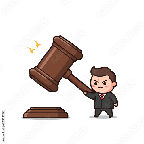A small cartoon lawyer with an angry expression prepares to slam a giant judge's gavel.