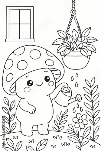 Cute mushroom character watering plants in a garden scene illustration