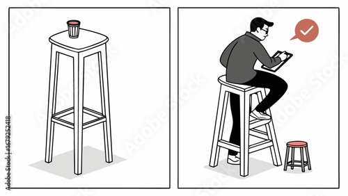 Two panels showing a stool with a cup and a man sitting on a stool with a tablet and a checkmark