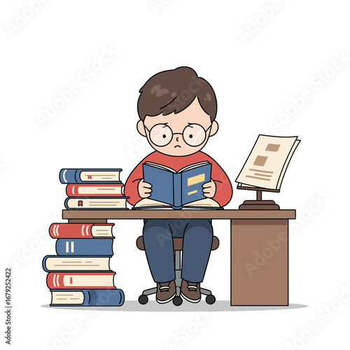 A young boy wearing glasses sits at a desk, engrossed in reading a book, surrounded by stacks of literature and an open reference material.
