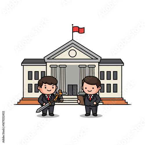 Two professional cartoon men, one representing justice with a sword and scales, the other holding a document, stand in front of a classical government building.