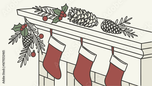Christmas mantelpiece with stockings holly pine cones and fir branches for festive holiday decoration