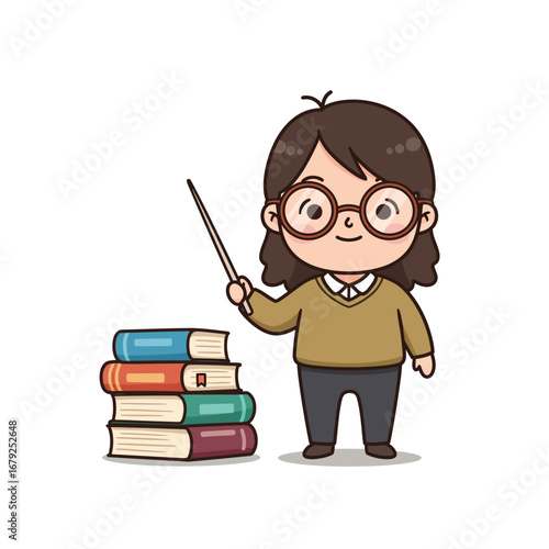 Cute cartoon teacher character, pointing with a pointer, standing near a stack of colorful books.