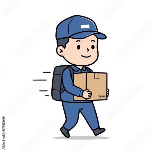 Smiling delivery person briskly walks, carrying a package.