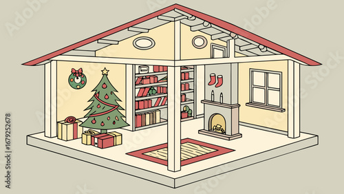 Illustration of a christmas decorated living room with tree gifts and fireplace in a house