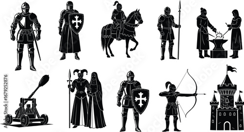 Medieval knight warrior silhouettes, castle, weapons, jester, archer, blacksmith, horse, armor, royalty, vector illustration for historical design
