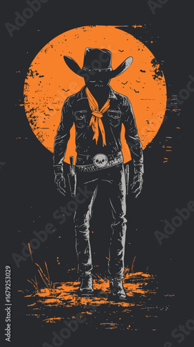 Western cowboy with guns and bandana silhouette standing against large orange full moon vintage style vector illustration for Halloween design