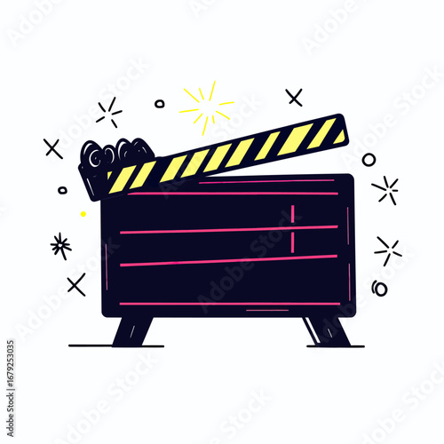 Minimalist hand-drawn cinema clapperboard with striped top and space for writing, film production movie concept doodle illustration vector