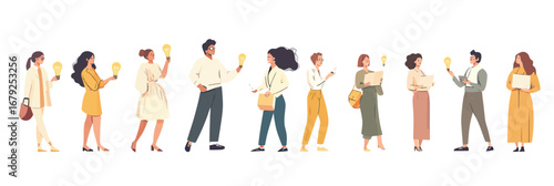 Group of diverse business people holding light bulbs symbolizing ideas creativity and teamwork in flat minimalist vector style illustration