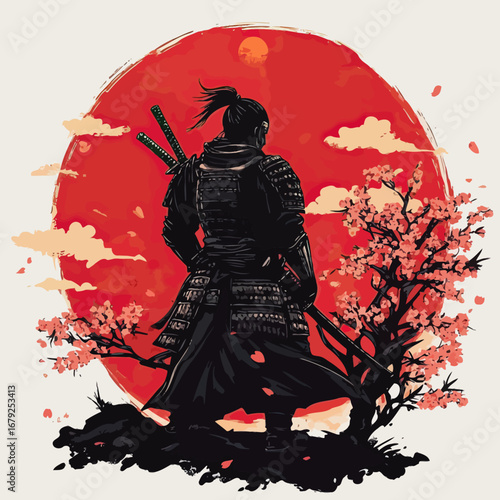 Samurai warrior in traditional armor standing next to blooming cherry blossom tree with katana swords against large red sun background vector illustration