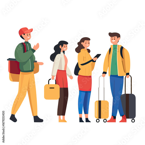 Group of four young diverse travelers with backpacks and rolling suitcases walking and using smartphone in casual clothing flat vector illustration