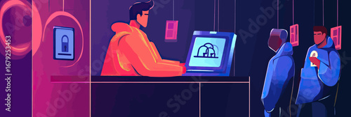Young man using laptop with secure cloud storage icon while two people wait nearby in dark futuristic technology environment digital security concept vector illustration