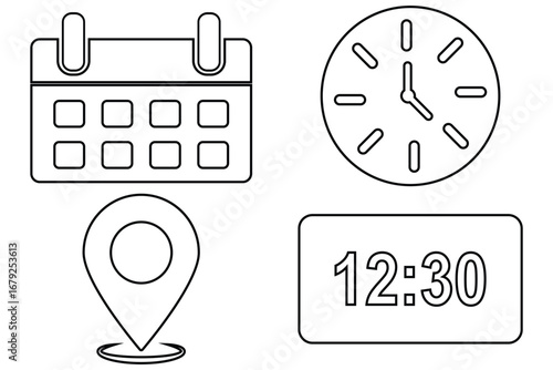 Vector icons of date, time and location of event in blue color for websites and graphic resources, calendar plan with specific day marked. Vector Date Time and Address icon set pictogram