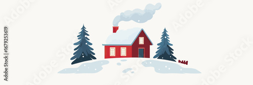 Cozy red cabin with smoke from chimney surrounded by snow covered pine trees and snowy landscape minimalistic flat vector illustration winter scene