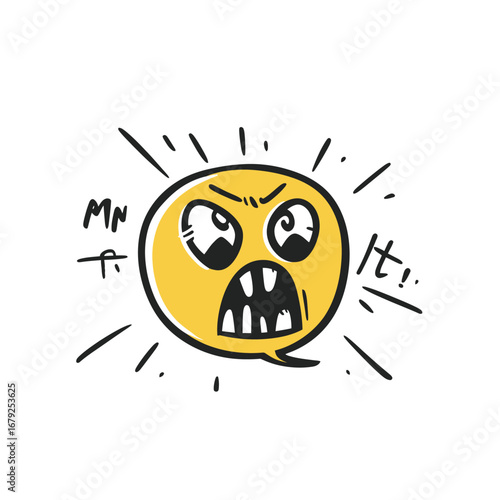 Angry yellow speech bubble face with aggressive expression and gritted teeth comic doodle vector illustration on white background