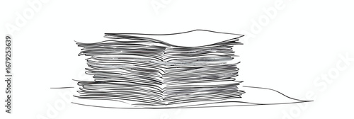 Minimalist one line drawing of stacked newspapers pile on flat surface, simple black outline vector illustration of news print paper stack for media concept design