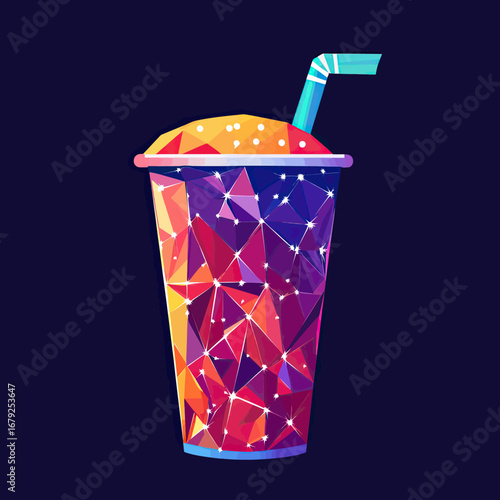 Colorful low poly polygonal soda cup with straw and ice cubes, abstract geometric beverage illustration in vibrant gradient colors on dark background