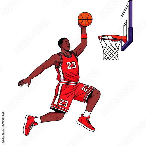 Dynamic vector illustration of an athletic basketball player in a red uniform soaring through the air to perform a powerful slam dunk