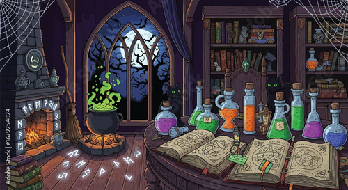 Mystical witch's lair with bubbling cauldron, spell books, and black cats under moonlit sky