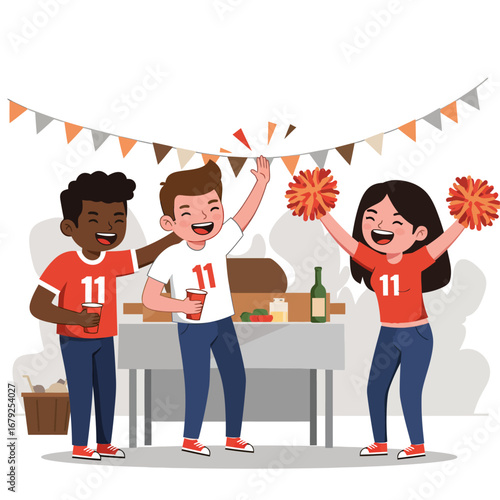 Three diverse friends joyfully celebrating a sports event with drinks and pom-poms at a backyard barbecue.