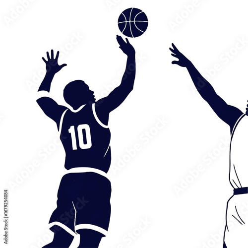 Dynamic silhouette of a basketball player executing a perfect jump shot against a determined defender during an intense game