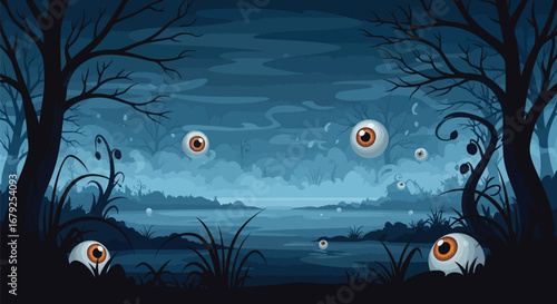 Spooky Halloween scene with glowing eyes in a dark, misty forest by a eerie lake