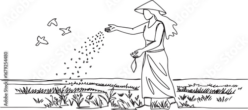 Asian woman sowing seeds in the field with flying birds minimal