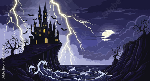 Spooky castle on cliff during thunderstorm with full moon and bats flying