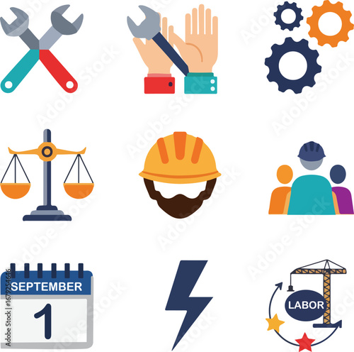 A collection of nine flat design icons representing labor, industry, workers, justice, and Labor Day celebrations.