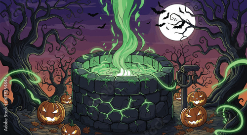Spooky Halloween well with glowing green liquid, jack-o'-lanterns, bats, and full moon.
