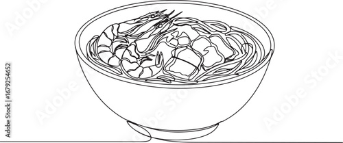 Monochrome depiction of a bowl of Singaporean Hokkien Mee with p