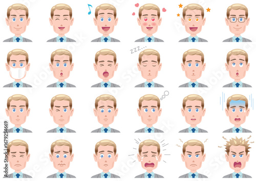 Human Emotions Expression: A comprehensive display of diverse emotions expressed through a series of male faces, perfect for depicting a wide range of human feelings in a visual medium.