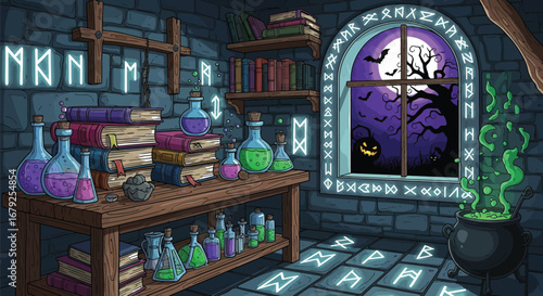 Enchanting wizard's study filled with glowing potions, ancient books, and mystical runes on Halloween night